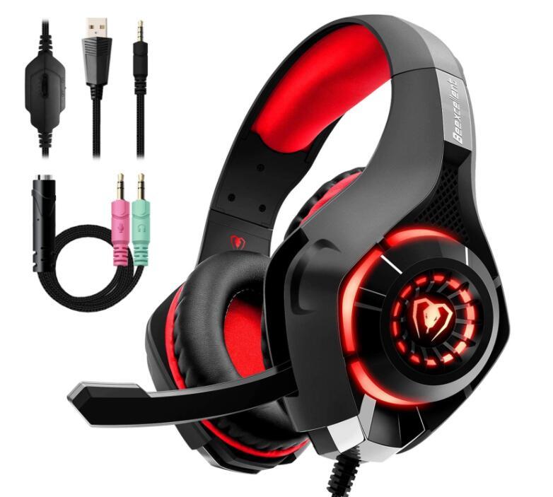 High-performance gaming headphones with over-ear design, noise-isolating cushions, and built-in microphone